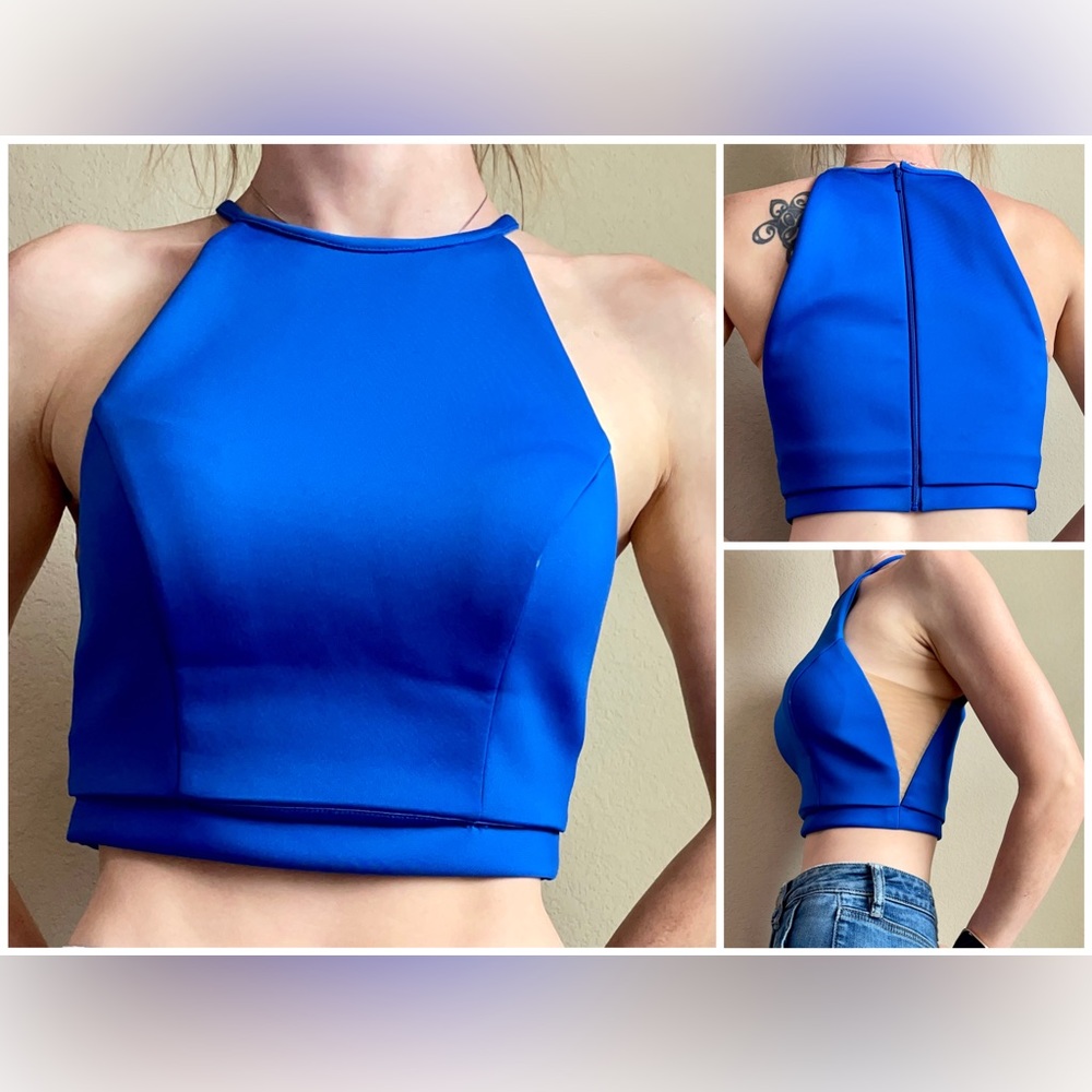 Sherri Hill 52042 Bright Blue Halter Top Cropped Dress Top 2 - Picture 2 of 11